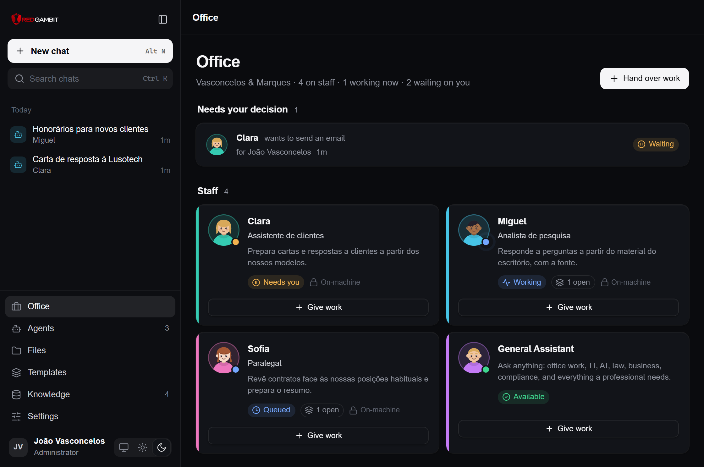 A página Office do administrador, em modo escuro: uma ação à espera de decisão, em que a assistente Clara quer enviar um email, e a equipa de quatro assistentes, cada um com a sua função e o seu estado.